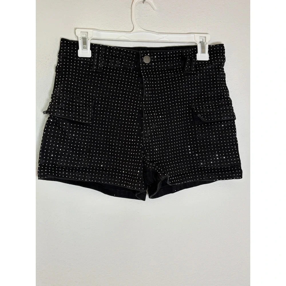 Haute Shein Black Rhinestone Cargo Shorts High Waisted Sparkly Festival Size L